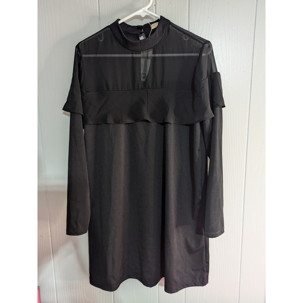 ACEVOG black long sleeve dress with sheer neckline Keyhole back button neck NWT